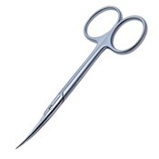 Precision Curved Eye Scissors, Ring Handle, Polished Finish On Blades, Sharp Tips, 32mm Mid Screw To Tip, And Overall Length Of 4 1/4" (109mm) 